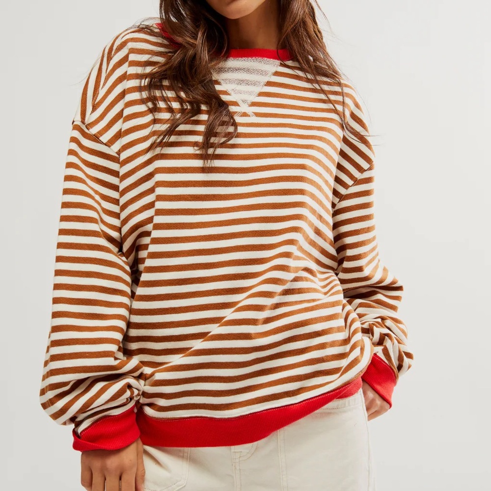 Free People We The Free Classic Striped Oversized Crew Neck In Coffee Combo NWT